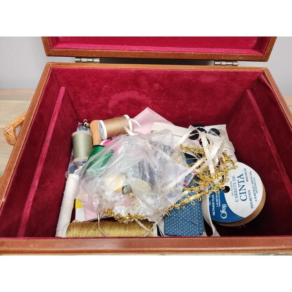 Vintage Oak Sewing Basket jewelry Hope box handmade Red Lining